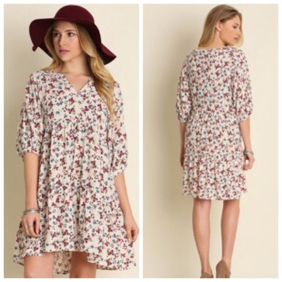 💖ONE LEFT!💖Berry Floral Peasant Dress - Picture 1 of 3